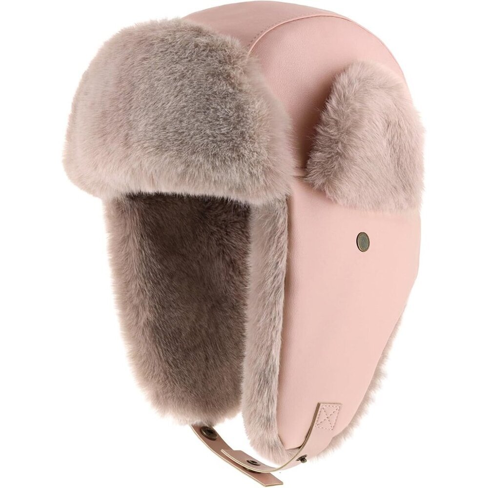 Men's Light Pink Pu Leather Trapper Faux Fur Lining Warm Headwear Aviator Hat